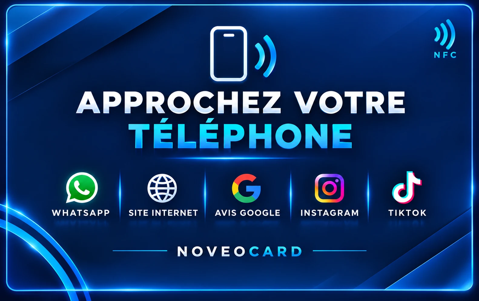Carte Noveocard verso : « Approchez votre téléphone », accès WhatsApp, site internet, avis Google, Instagram et TikTok